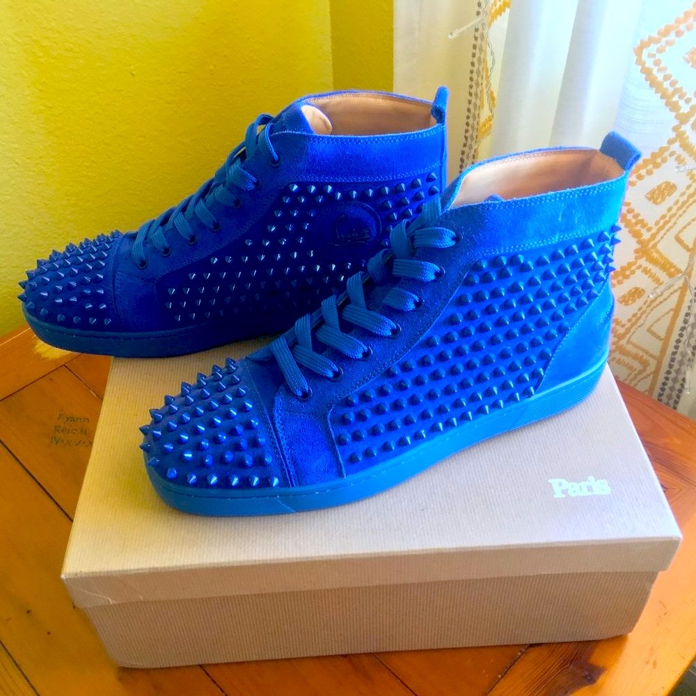 Christian Louboutin | Louis Flat Calf Lou Spikes Blue High Top Sneakers